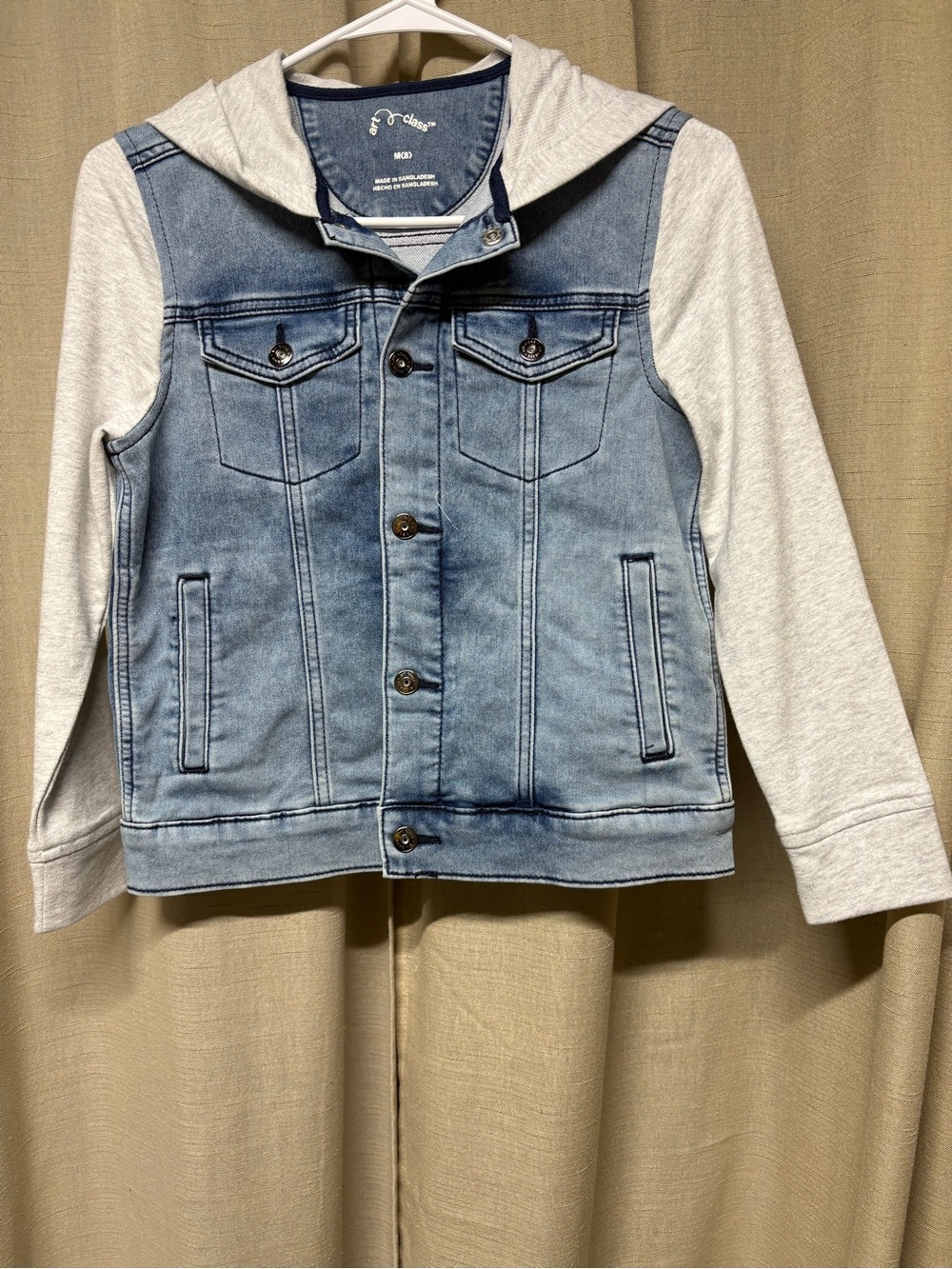 Art Class Light Blue Denim Front Jacket with Gray Hoodie Sleeves